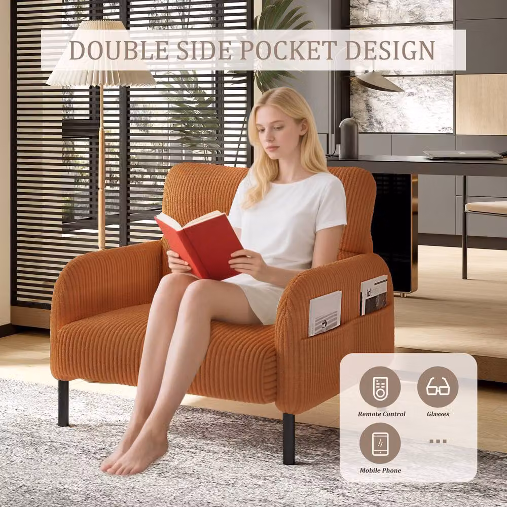 Direct Wicker Orange Corduroy Single Armchair with Solid Wood Frame and Foam Padding – 6