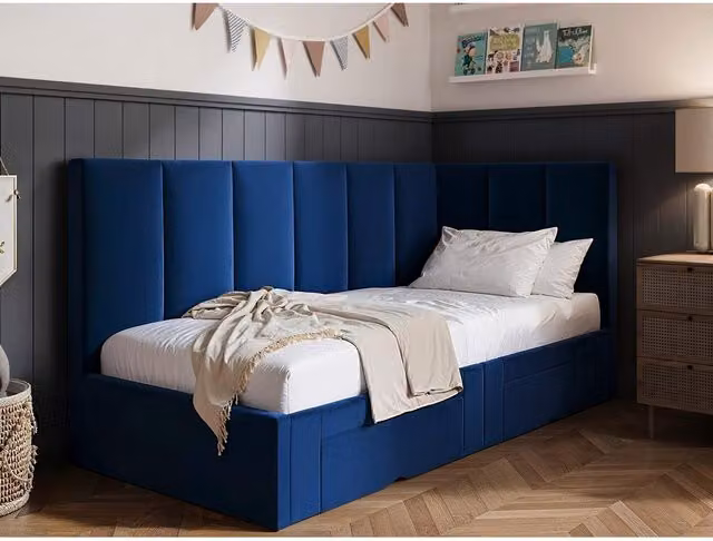 Flair Harley Corner Upholstered Fabric Bed Frame with Storage Drawers in Blue, 100 x 200 cm