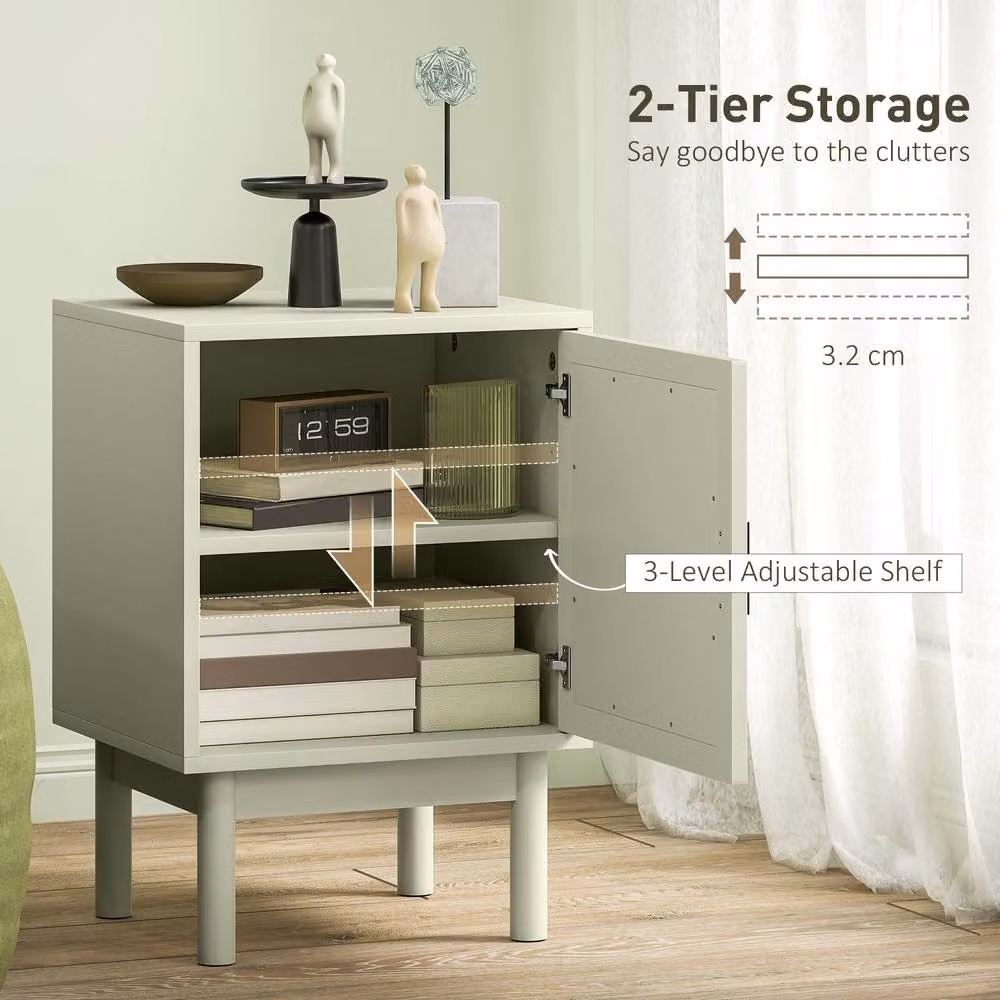 HOMCOM Set of 2 Boho Rattan Bedside Tables with Storage Cabinet and Solid Wood Legs, Light Green – 4