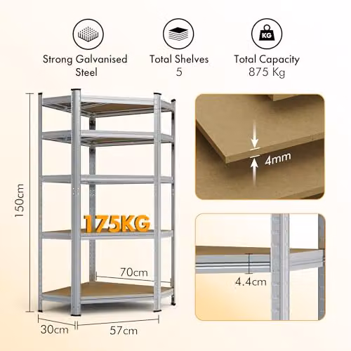 VonHaus 5-Tier Silver Metal and MDF Garage Shelving Units with Adjustable Shelves – 3