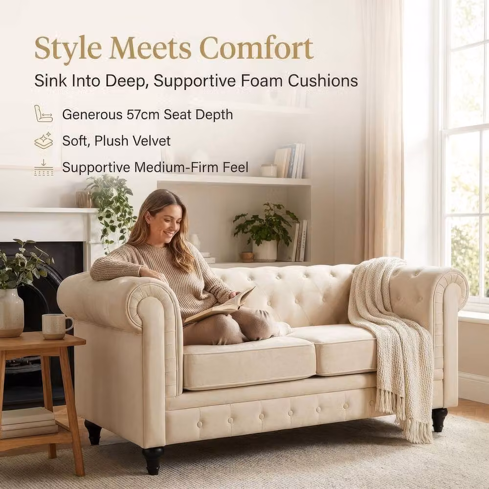 Bravich LTD Chesterfield Scroll Arm Velvet Sofa with Buttoned Back in Beige, 2 Pack – 2