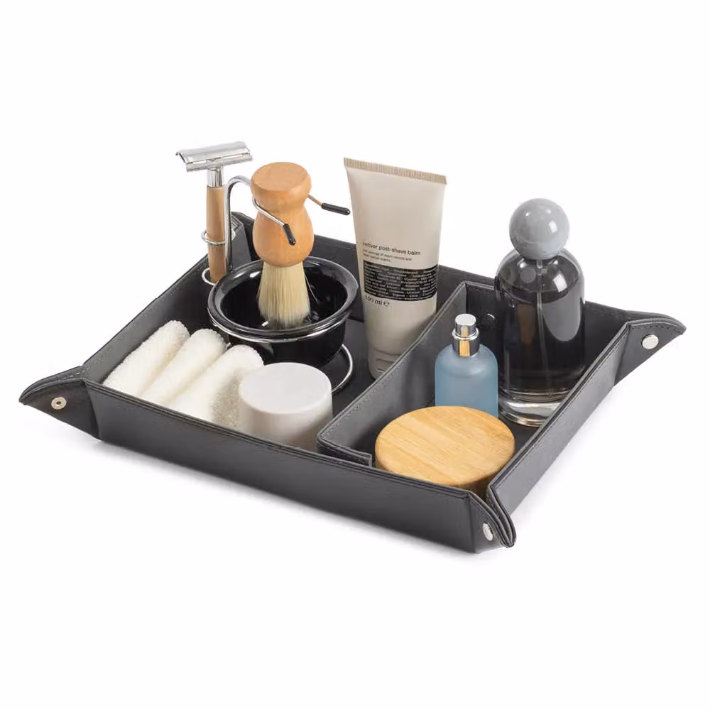 LIVIVO Foldable Leather Look Valet Tray Organiser in Black with Grey Divider – 2