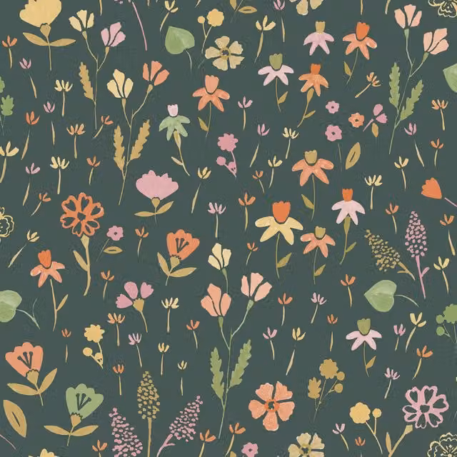 Grandeco Naive Garden Ditsy Flowers Textured Wallpaper in Black and Blue