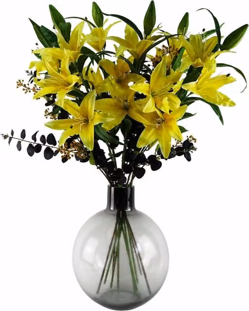 Yellow Lily Black Eucalyptus Glass Ball Vase in Yellow, Black, Grey and Transparent, H 40 cm x W 34 cm x D 34 cm