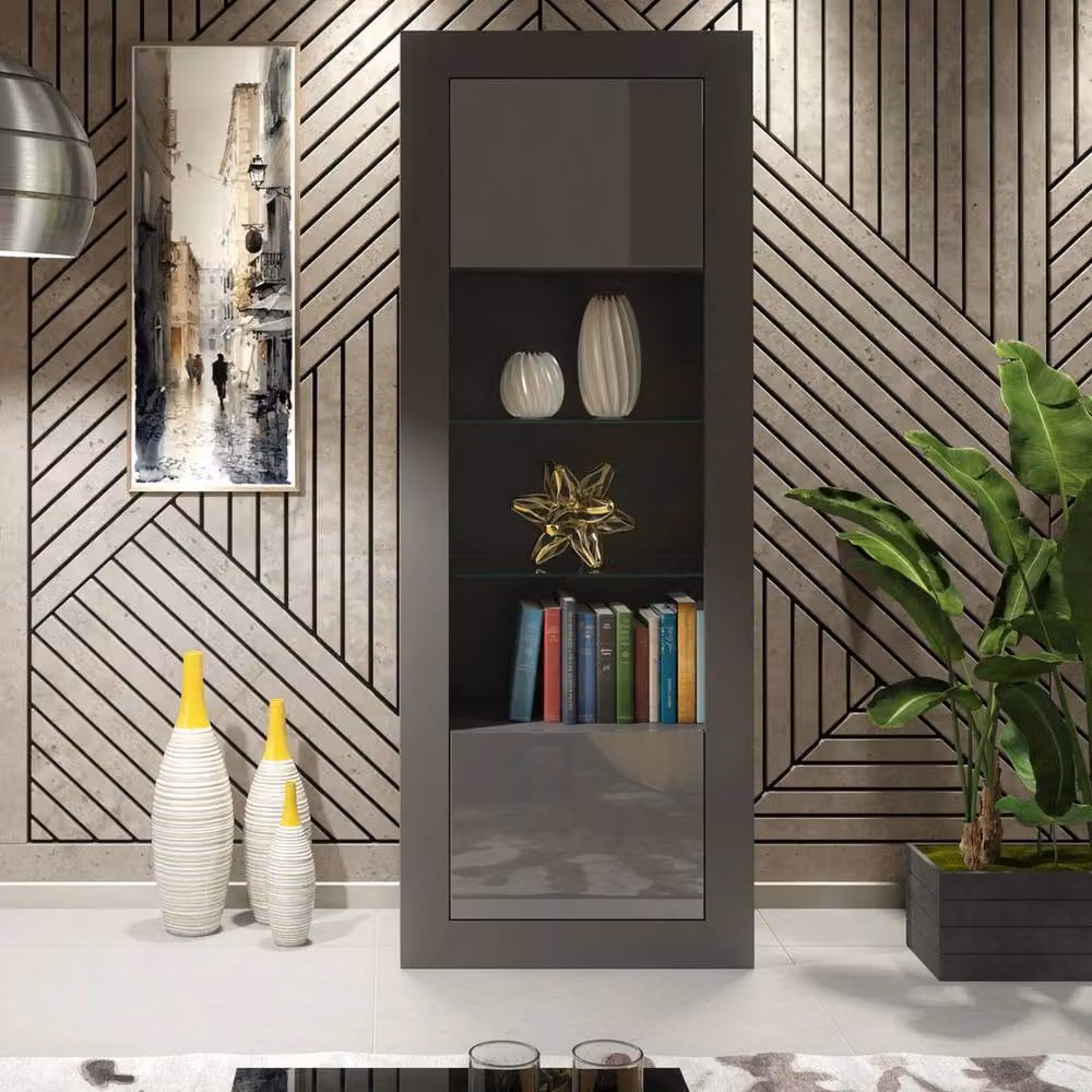 PAWNORA Grey Matt Display Cabinet with Glass Doors and Internal Shelves, Height: 170 cm – 3