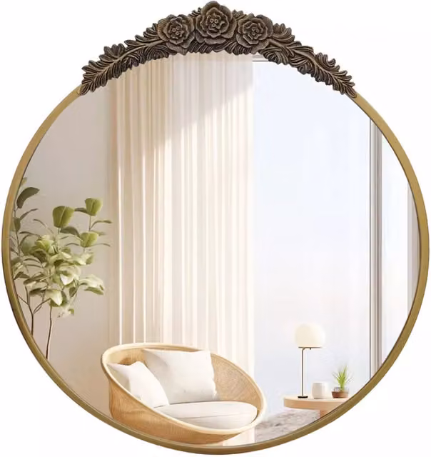 Pirlo Plush Antique Gold Round Floral Wall Mirror