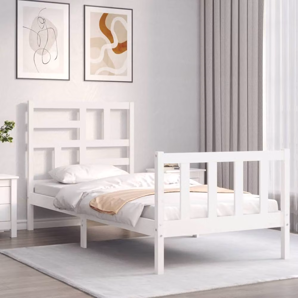 Berkfield Home White Solid Wood Bed Frame with Headboard W/D/H: 100 x 200 cm – 2