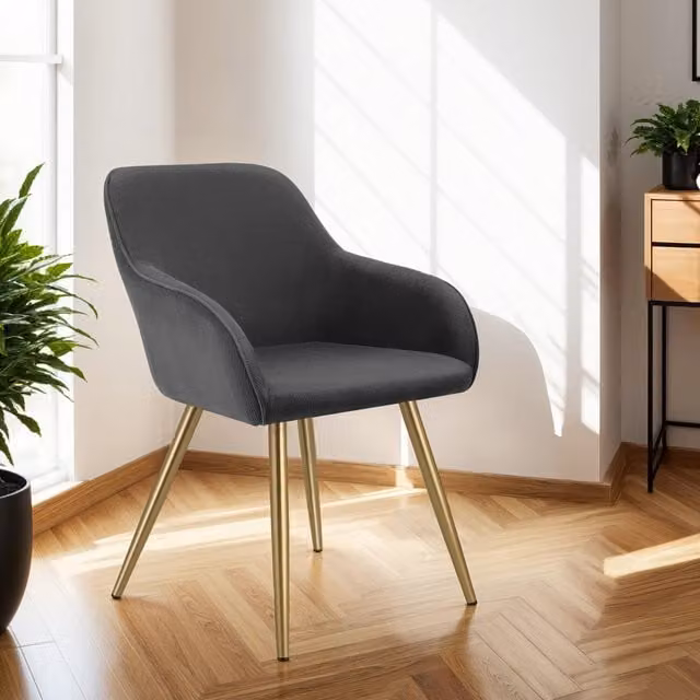 Tectake Scandinavian Dining Chair Set of 4 in Anthracite and Gold with Bouclé Fabric Upholstery, Height: 82 cm