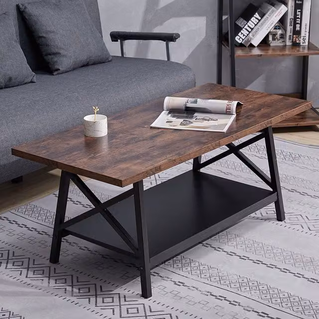 Livingandhome Industrial Rectangular Coffee Table with X Shape Metal Frame and Wood Top in Brown