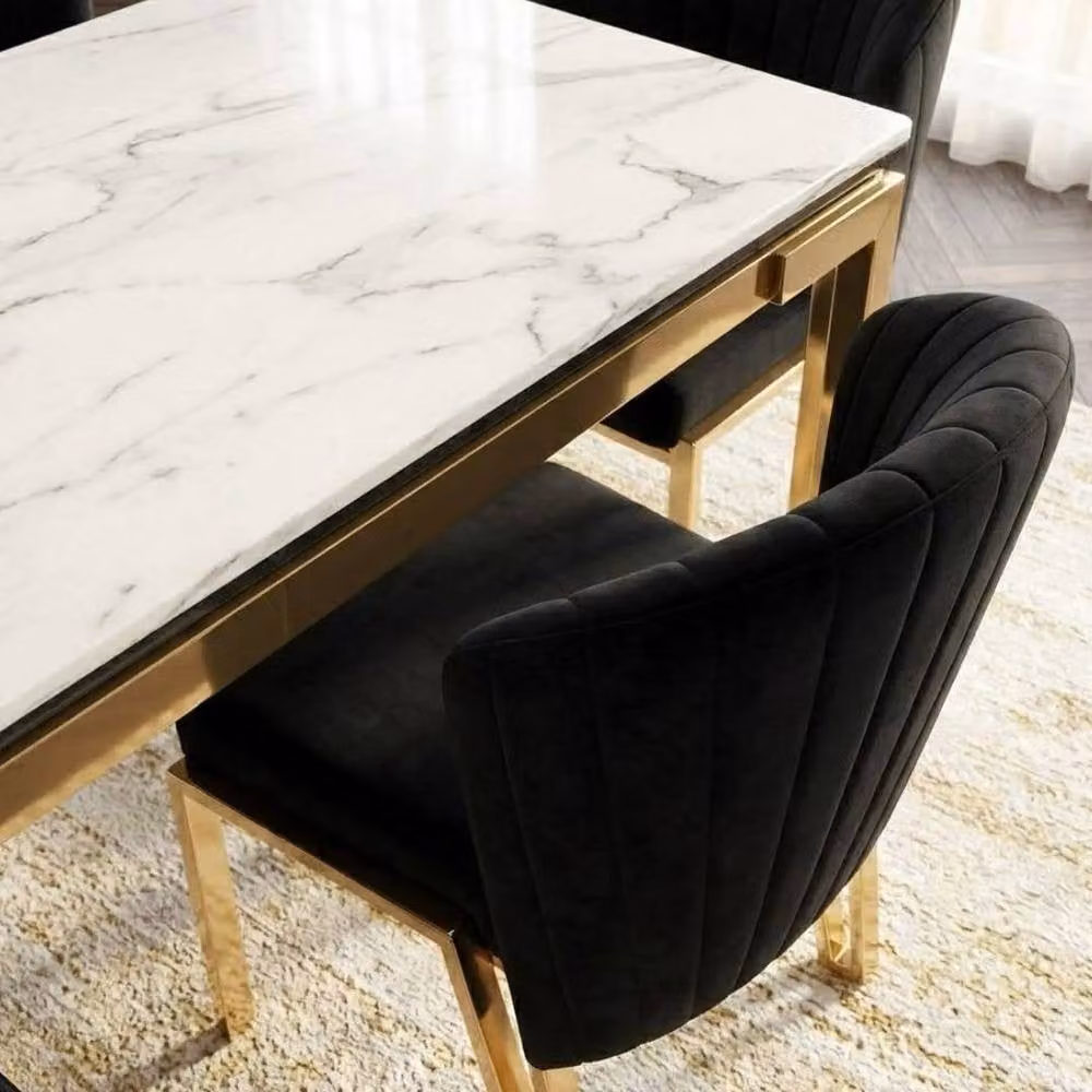 HOME LUXE INTERIOR Sorrento 180cm White Marble and Gold Dining Table with 6 Fabio Black Chairs – 8