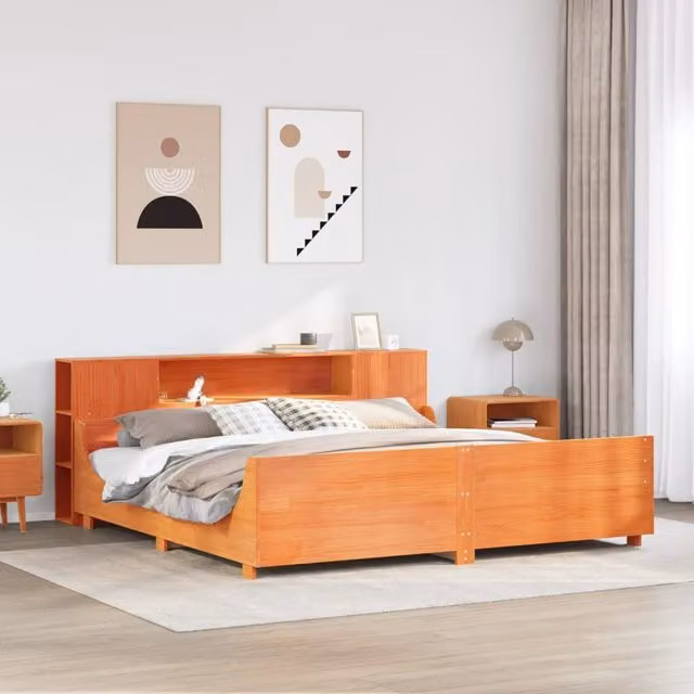 Berkfield Home Rustic Solid Wood Pine Bed Frame in Wax Brown, 200 x 200 cm