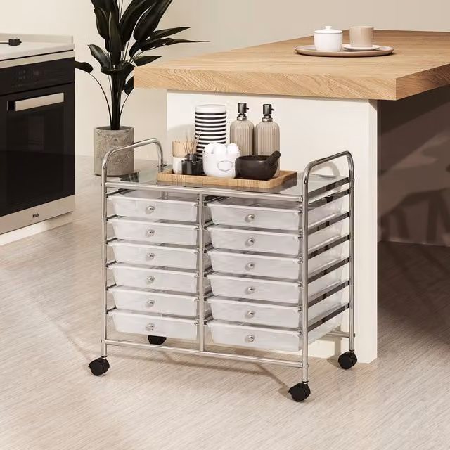 Costway Modern Utility Storage Cart with 12 Transparent Drawers in White and Metal