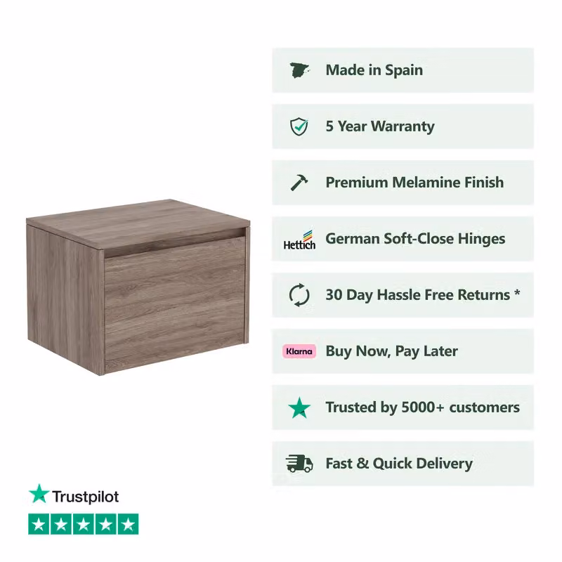 Banyetti Mino 600mm Wall Hung Vanity Unit with Matching Worktop in Nebraska Oak Brown – 2
