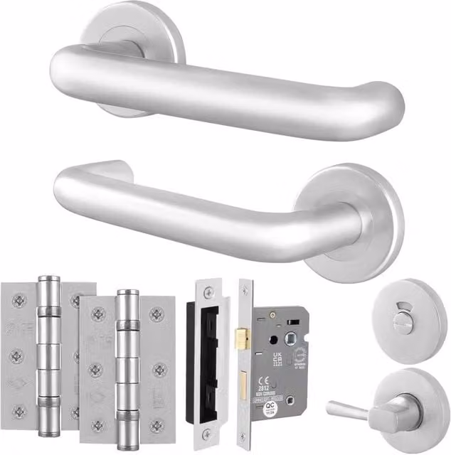 AFIT Satin Aluminium Return to Door Handles with Bath Lock and 64mm Hinges, Silver, W/D/H: 15 x 15 x 1.5 cm – 1