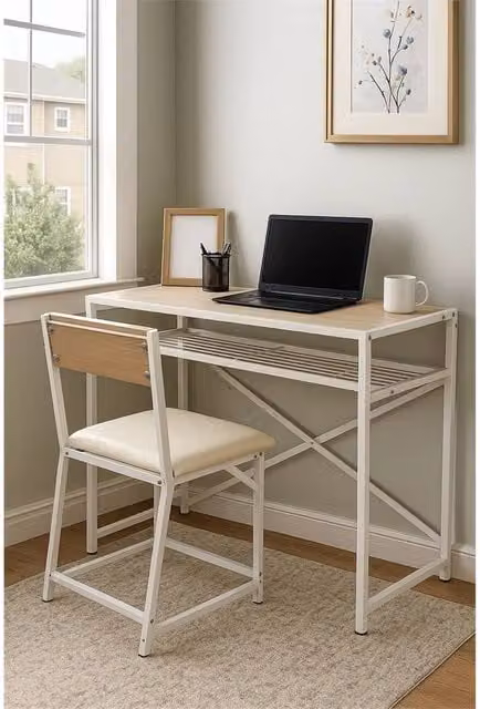 Nordara Minimalist Office Set with Desk, Chair and Shelf in White and Beige – 1