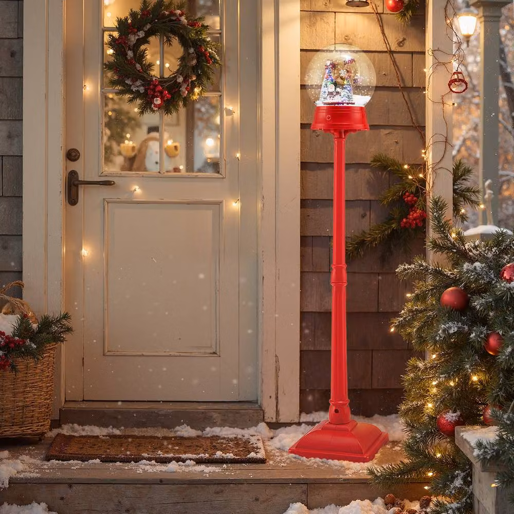Gymax 5FT Musical Christmas Street Lamp with Blowing Snow and LED Lights in Red, Height: 152.4 cm – 3