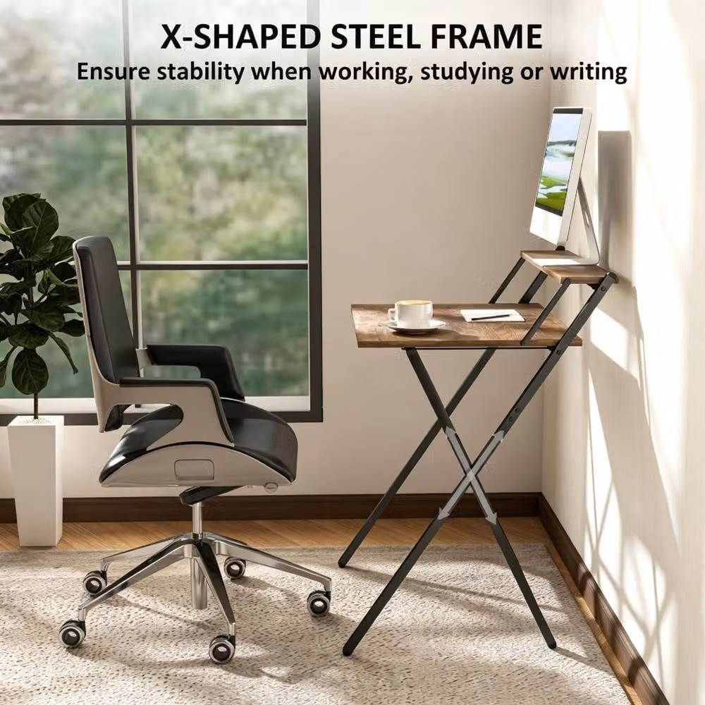 STILVORA Folding Computer Desk with Monitor Shelf in Rustic Brown – 6