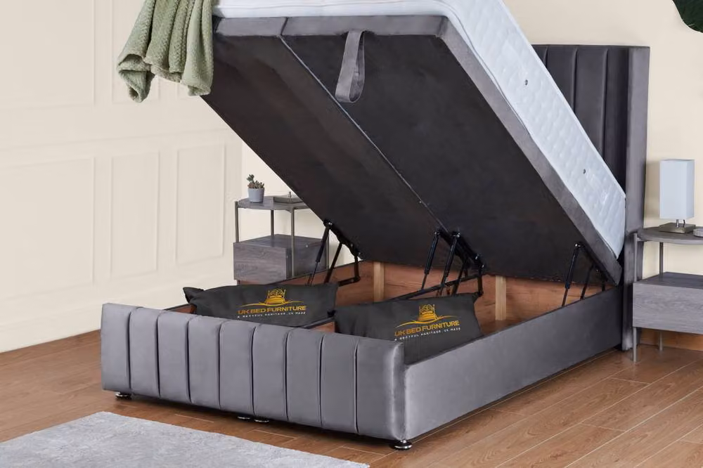 UK Bed Furniture Kamara Grey Fabric Wingback Ottoman Divan Bed with 54 Inch Headboard, W/D/H: 140 x 200 cm – 2