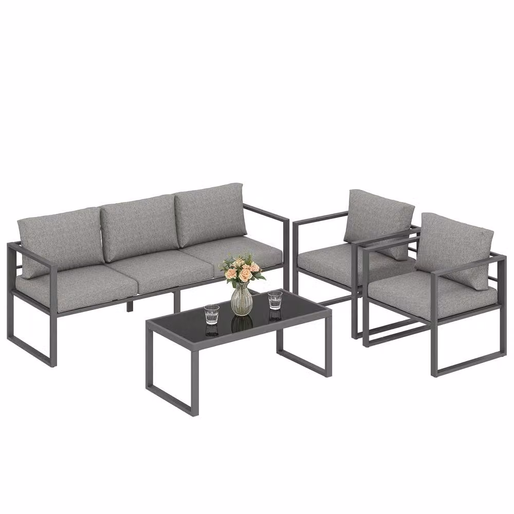 OUTSUNNY Modern Upholstered Patio Furniture Set with Powder Coated Aluminium Frame in Grey – 2