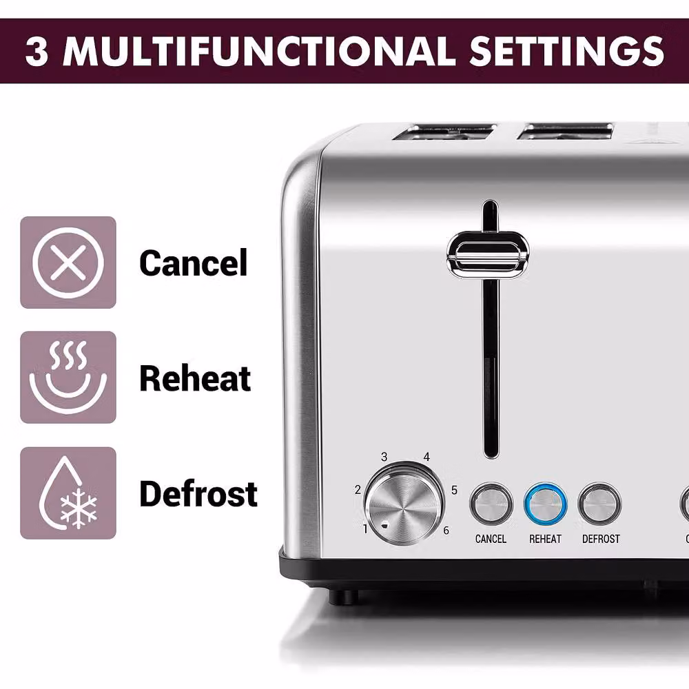 Cusimax 4 Slice Toaster with Extra-Wide Slots and 6 Browning Levels in Silver Stainless Steel – 4