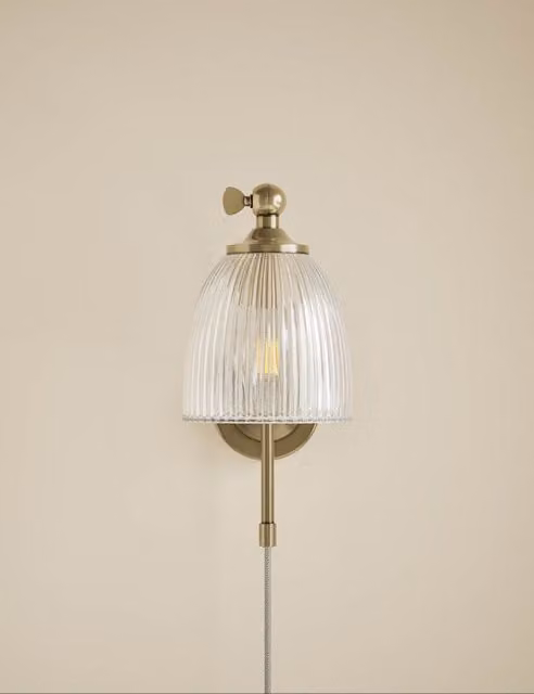 M&S Ribbed Plug In Wall Light in Antique Brass with Glass Dome