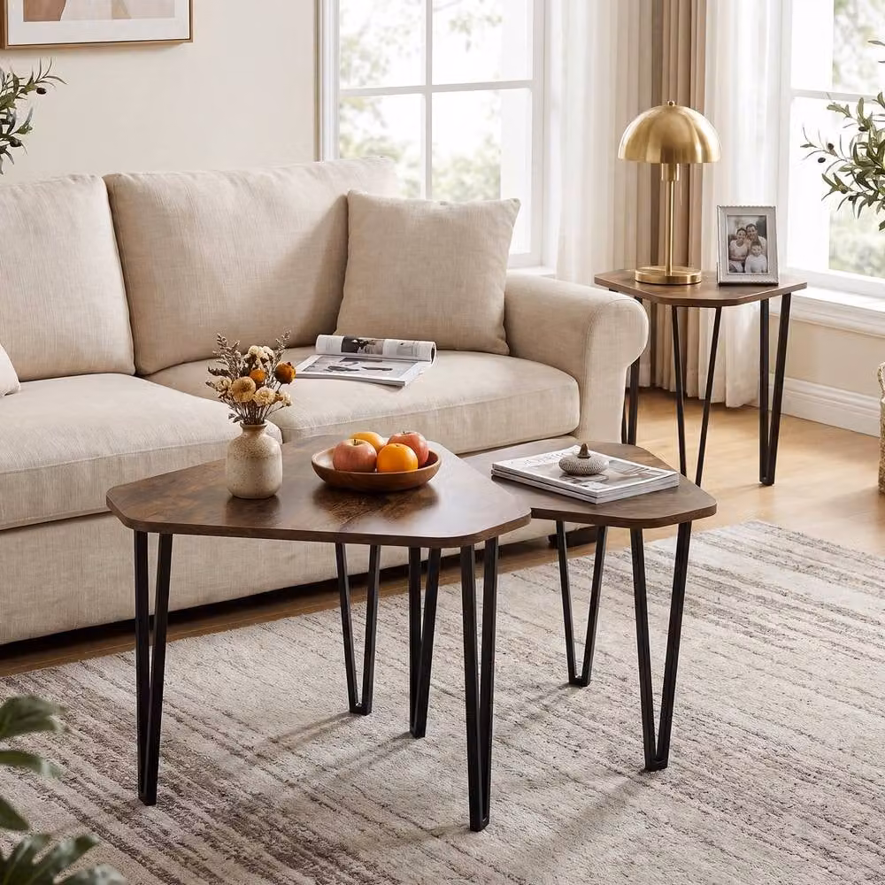Costway Industrial Nesting Coffee Table Set with Irregular Hexagonal Glass and Metal Tops in Brown – 3