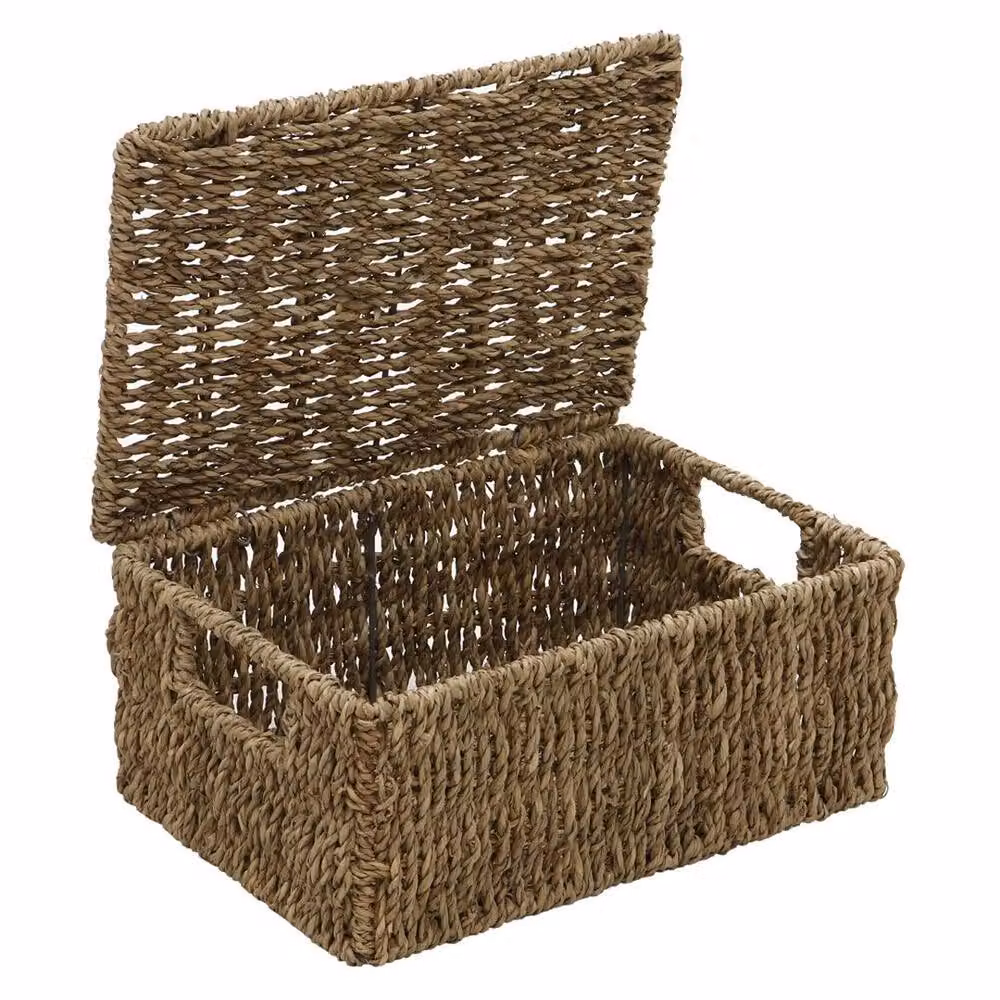 EONLION Set of 4 Brown Open Weave Rectangular Lidded Seagrass and Metal Storage Baskets, W: 50 cm, D: 50 cm, H: 50 cm – 3