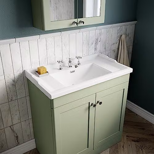 nuie Classique Traditional 2 Door Floor Standing Bathroom Vanity Unit and 3 Tap Hole Ceramic Basin, Satin Green