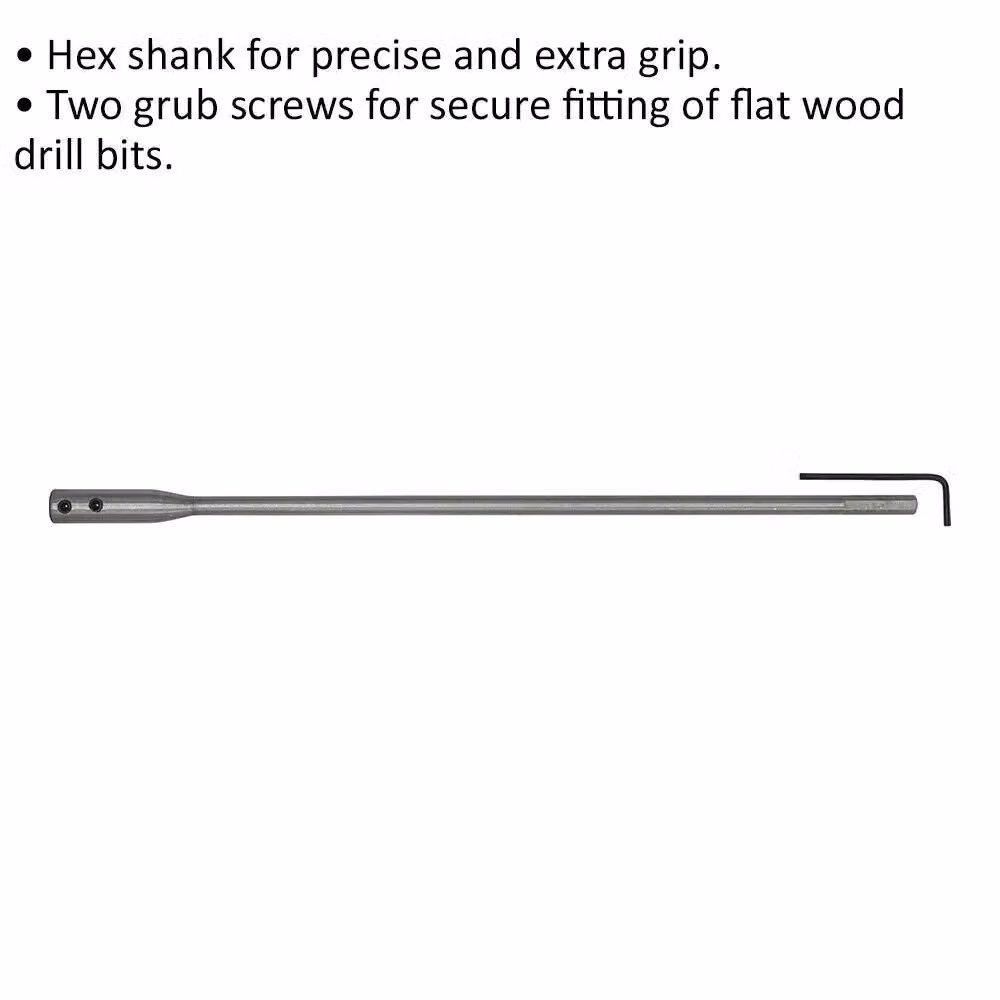 Loops Silver Flat Wood Bit Extension with Hex Shank and Two Grub Screws, 300 mm – 2