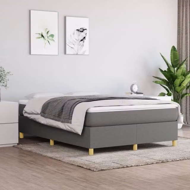 Berkfield Home Upholstered Box Spring Bed Frame in Dark Grey, W: 135 cm, L: 190 cm