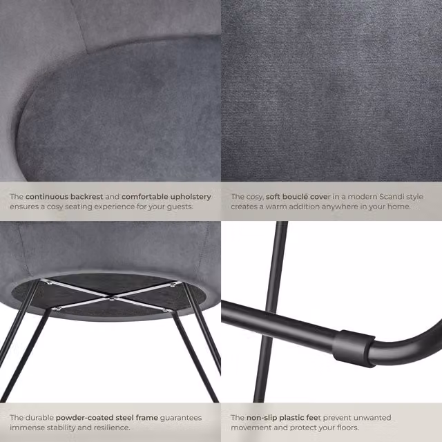 tectake Centera Accent Chair with Curved Backrest and Metal Frame in Anthracite Grey Bouclé Velvet Look