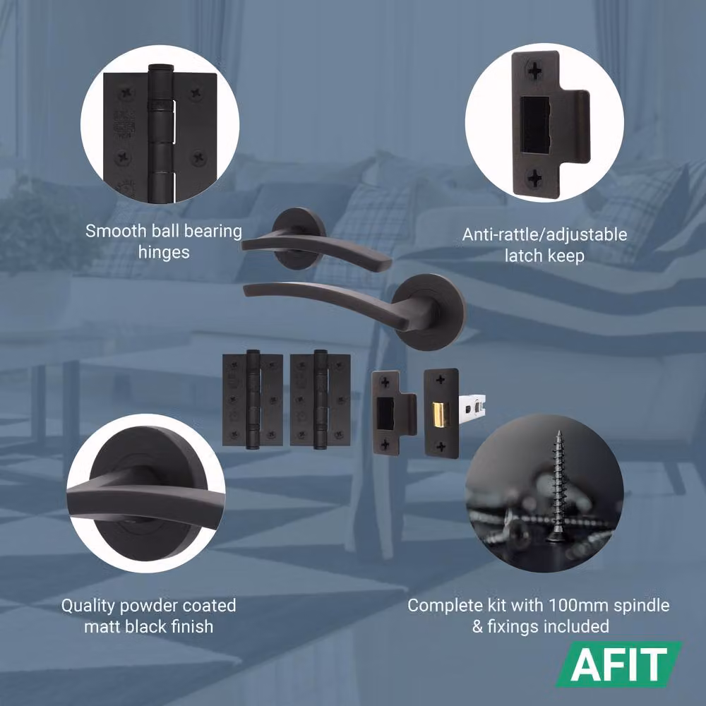 AFIT Matt Black Aluminium Door Handle Latch and Hinge Set – 3