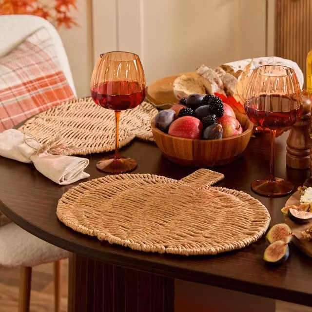 OHS Pack of 2 Rustic Seagrass Pumpkin Shaped Table Placemats in Natural Brown and Beige