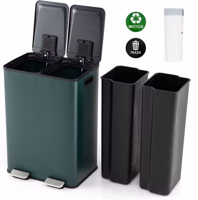 Gymax 60L Step Trash Can with Dual 30L Removable Liners in Green