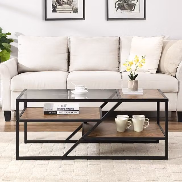 Artemis Home Modern Rectangular Glass Top Coffee Table with X-Frame in Brown, Black and Transparent