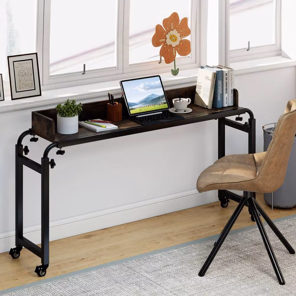 Gymax Adjustable Height Mobile Overbed Computer Desk with Castors in Brown – 9