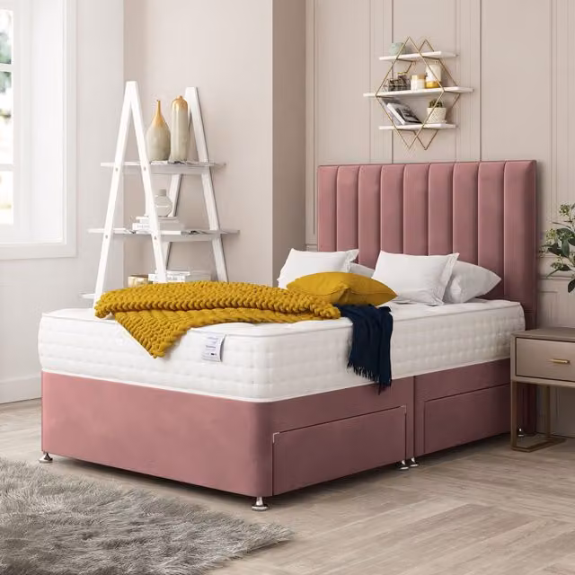 Bed Choices Alaska Pink Velvet Upholstered Super King Divan Bed with 4 Drawers, Mattress and 26 inch Headboard, W/D/H: 200 x 180 x 45 cm