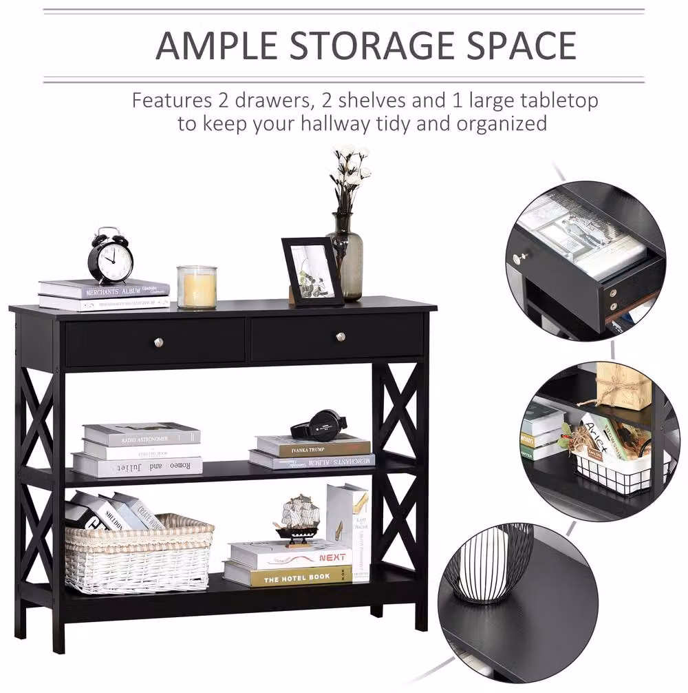 STILVORA Modern Black Console Table with 2 Drawers and Shelves – 4