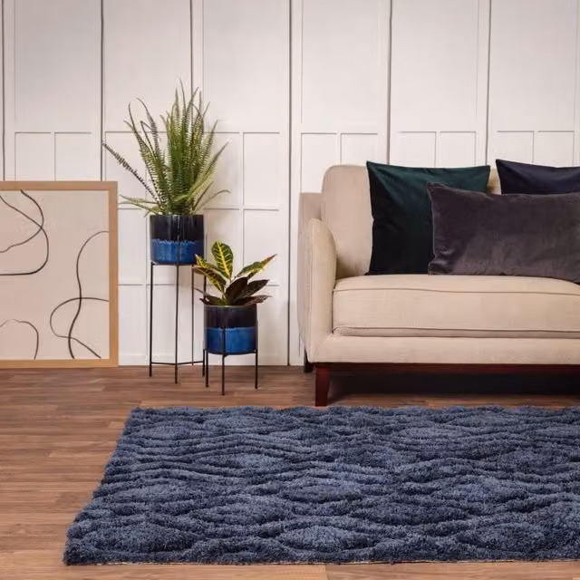 The Rug Shop UK Blue Modern Geometric Hand Made Shaggy Area Rug W: 200 cm, D: 290 cm