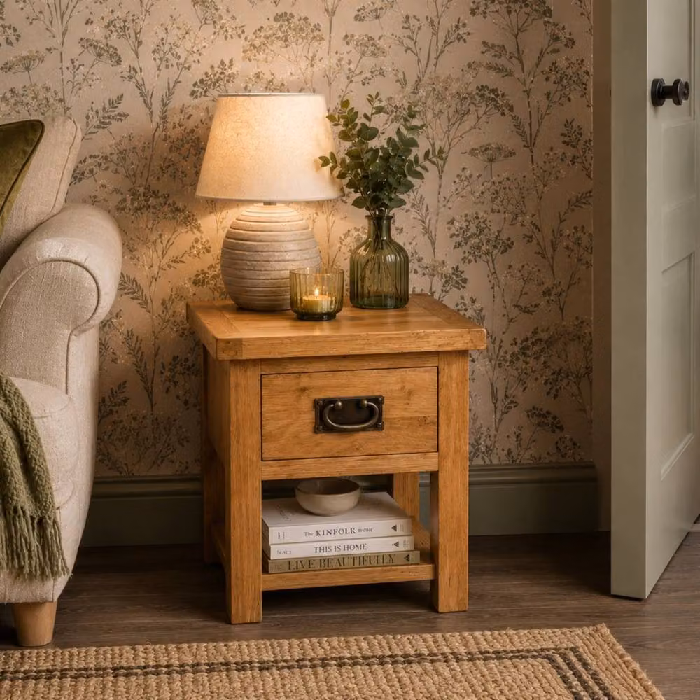VOGREX Oakcroft Rustic Oak Side End Table with Drawer and Shelf in Natural Brown – 4