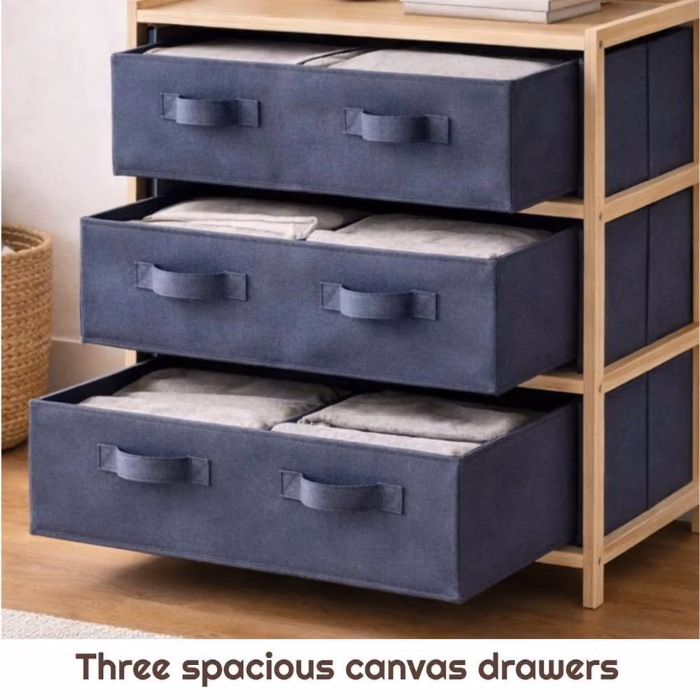 VOGREX 3 Drawer Grey Canvas Storage Unit with Pine Wood Frame – 3