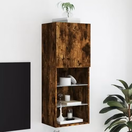 vidaXL Modern TV Cabinet with Integrated LED Lights in Smoked Oak Brown, W/D/H: 40.5 x 30 x 102 cm