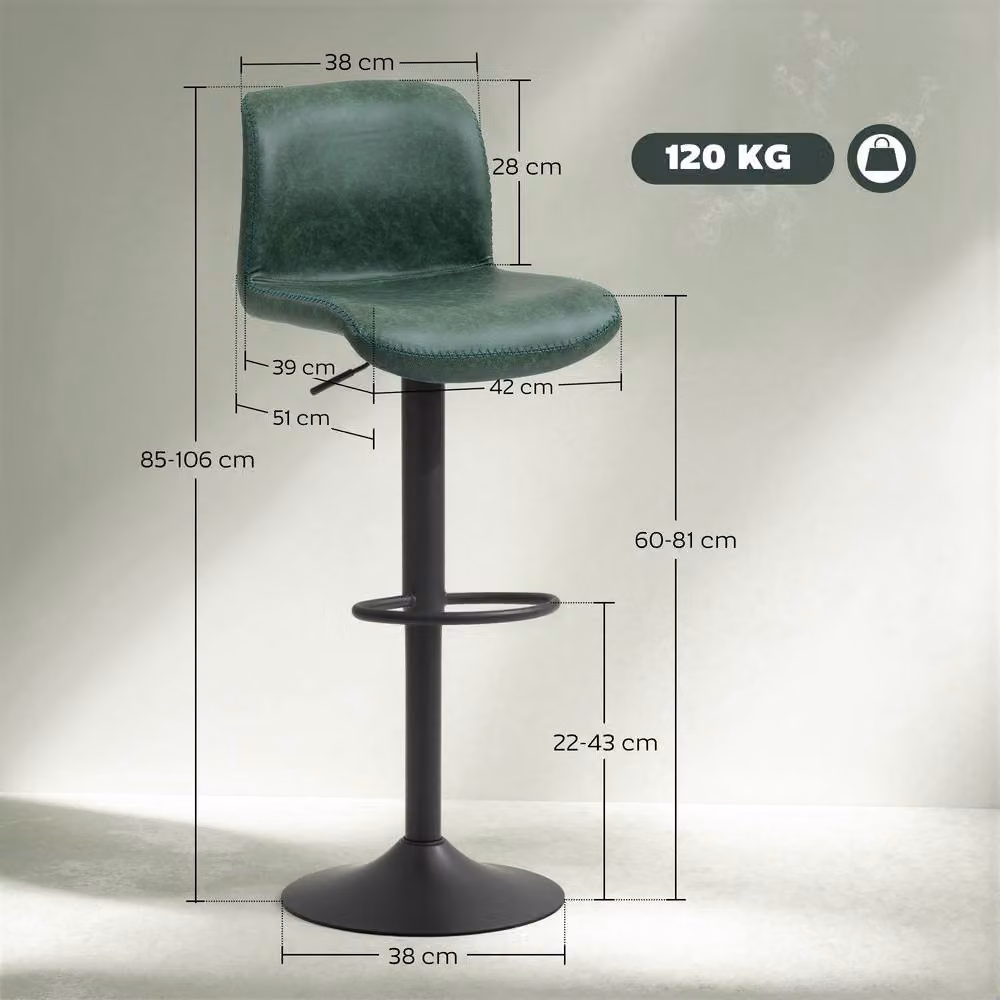 STILVORA Set of 2 Adjustable Height Modern Bar Stools in Green Synthetic Leather with Metal Base – 3