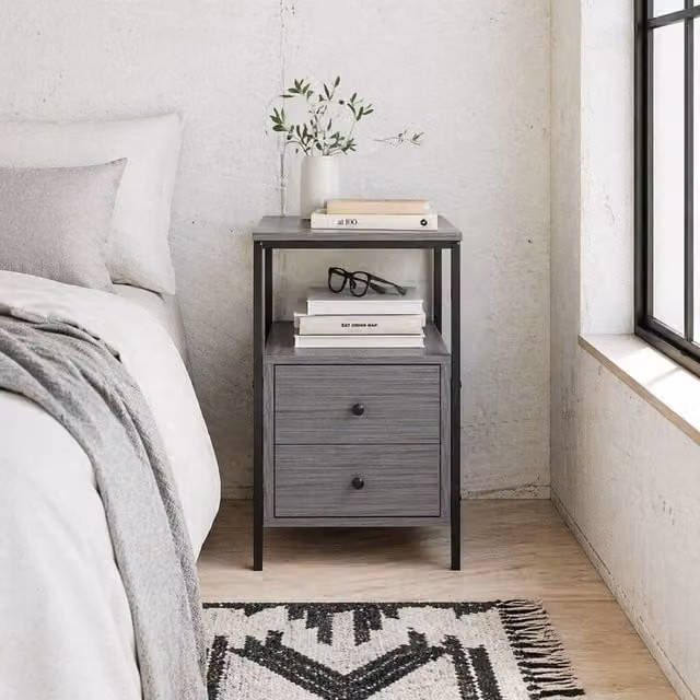 Wyld Haus Loto Narrow Bedside Table in Grey Wood Effect with 2 Drawers and Shelf