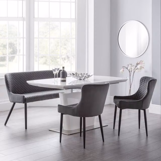 Julian Bowen Como White High Gloss Extendable Butterfly Leaf Dining Table, Luxe Bench and Chairs Set in Grey
