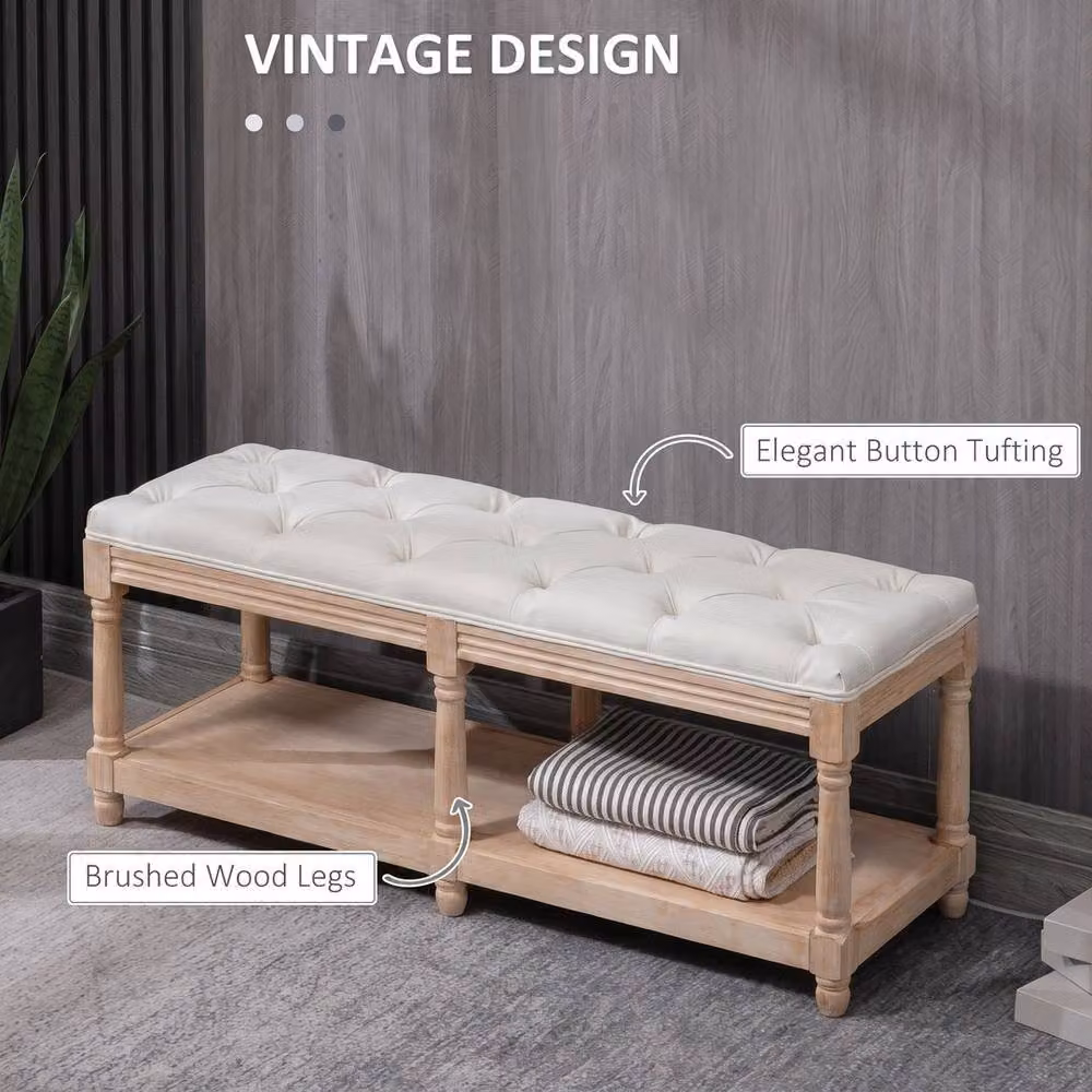 KORVIXA Beige Upholstered Shoe Rack Bench with Button Tufted Fabric Seat – 2