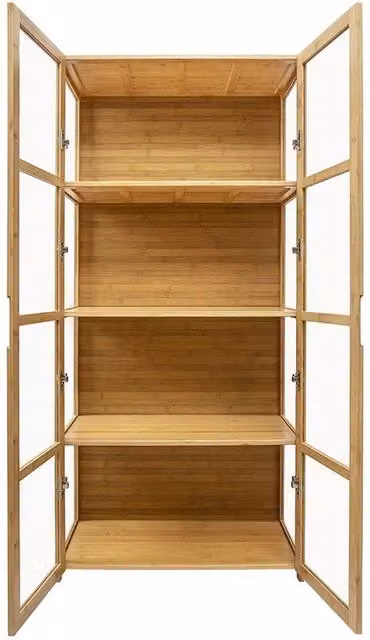 KORVIXA Brown Bamboo 4-Tier Display Case and Storage Cabinet with Glass Doors, W/D/H: 100 x 100 x 100 cm