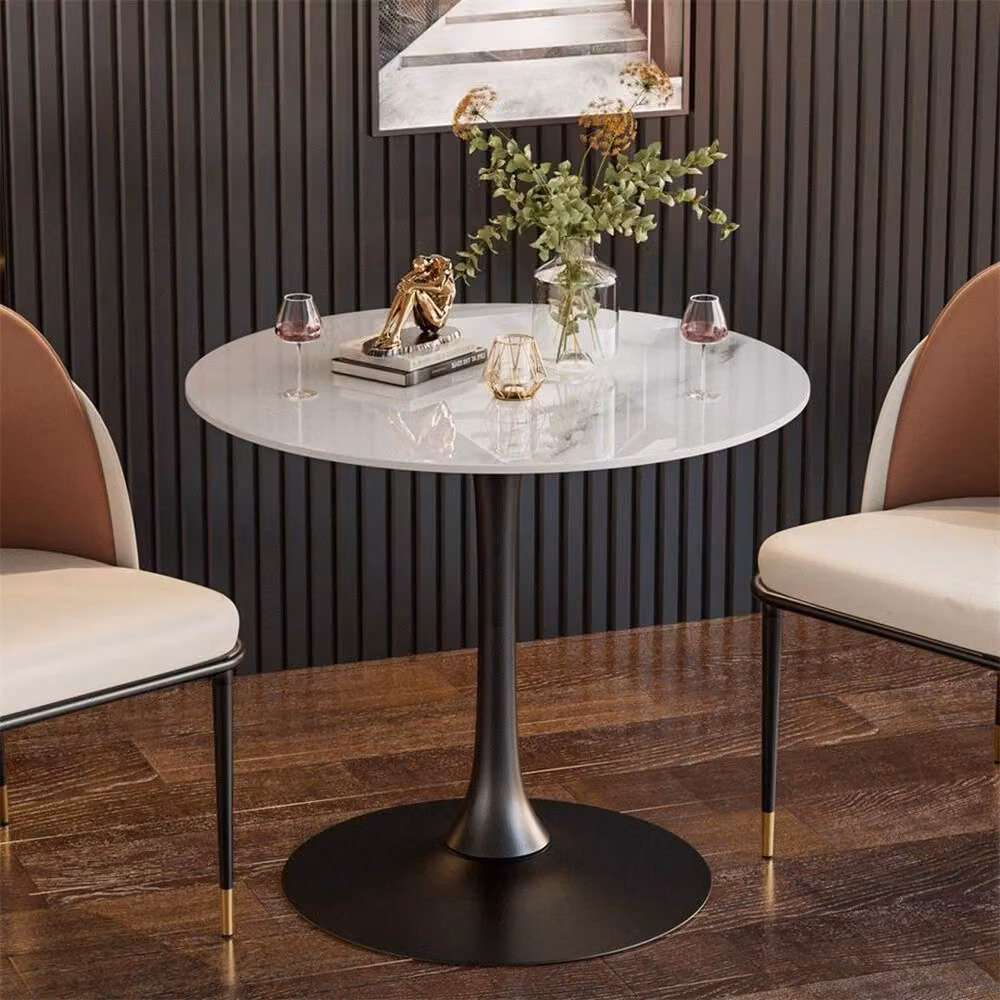 FORGEVIO Modern Round Tulip Dining Table with White Marble Effect Glass Top – 4