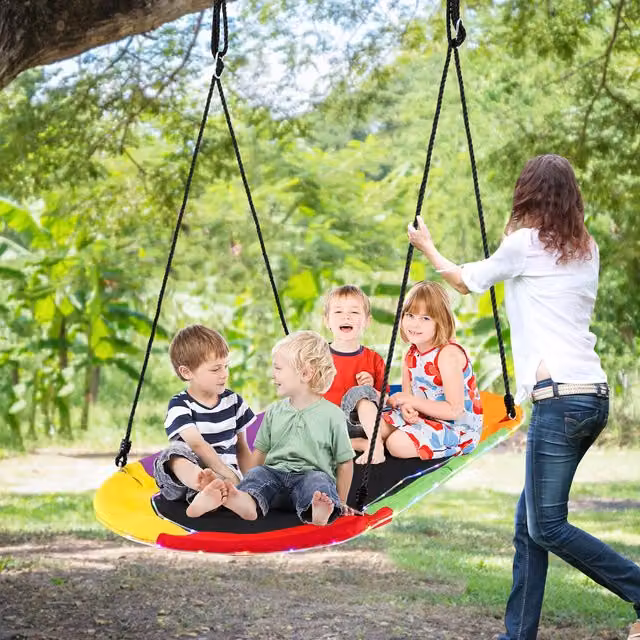 COSTWAY 150 cm Saucer Swing with LED Lights in Black and Multicolour