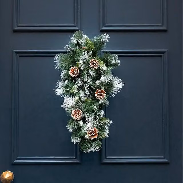 Marco Paul Green Snow Dusted Christmas Artificial Wreath Hanging Swag with Pinecones